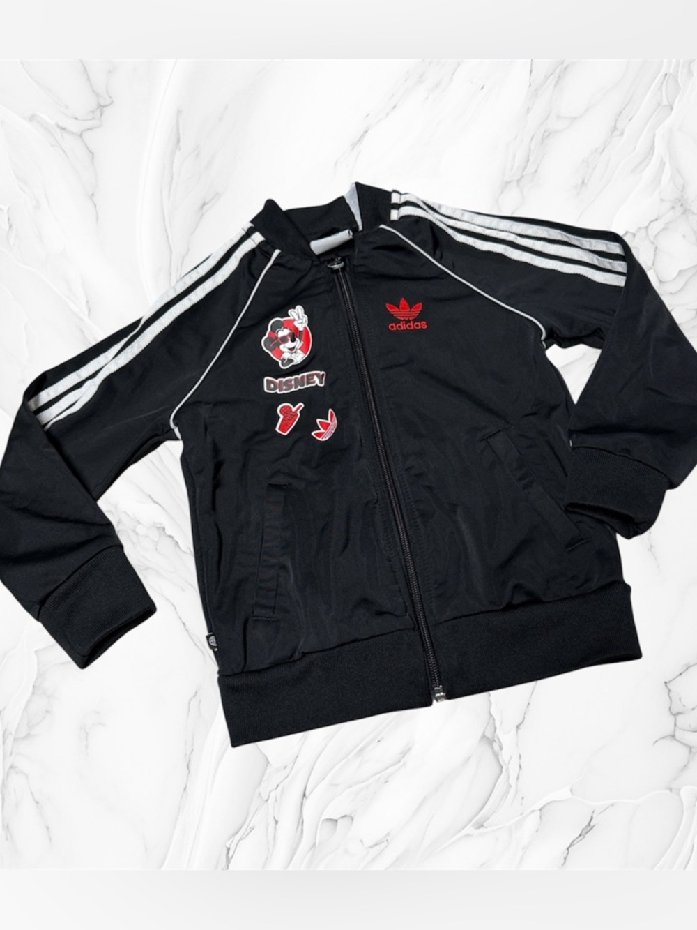 adidas Disney Black Track Jacket White Stripes and Red Accents 3T zipper front
